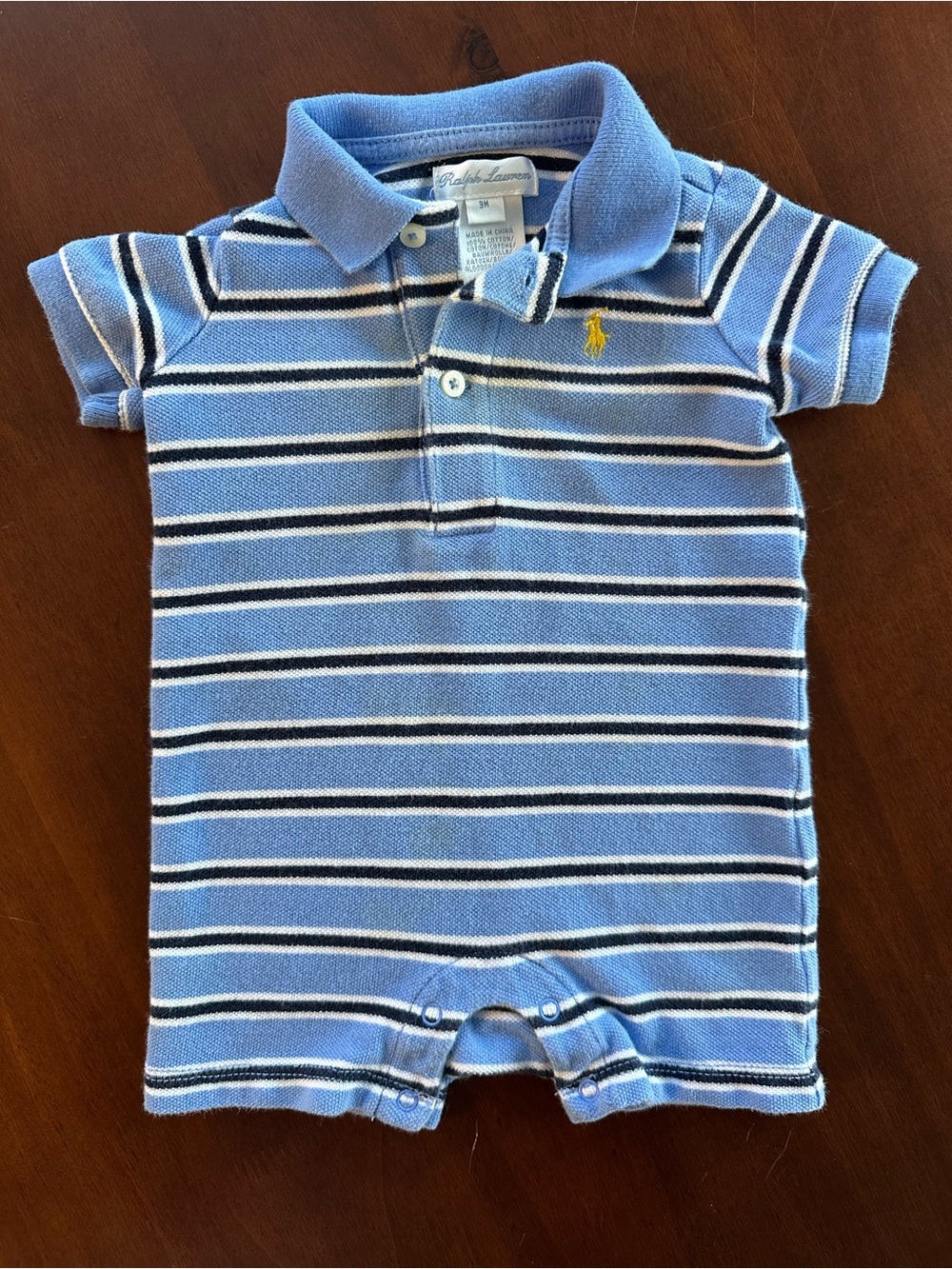 Ralph Lauren Light Blue, White & Navy Striped Polo Footie with Yellow Pony